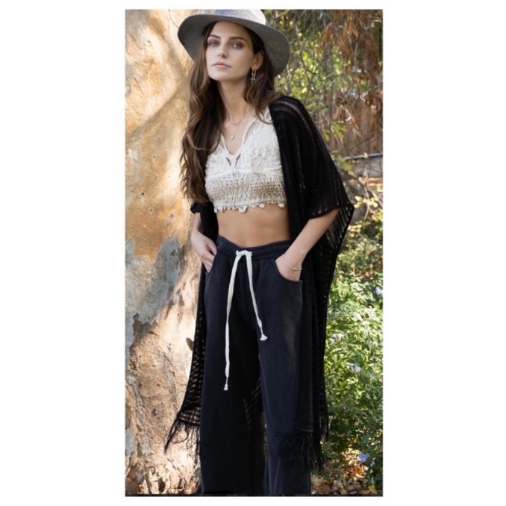 New POL Black Loose Rib Knit Cardigan/Kimono With Fringe Hem - Picture 6 of 11